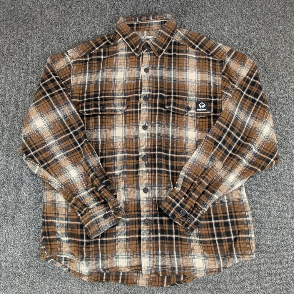 Wolverine Rugged Plaid Flannel Shirt Mens Large Brown Black Cotton Button Down — photo 2
